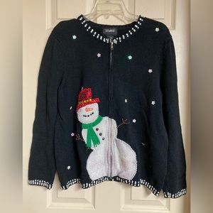 Vintage Black Zip Up Christmas Snowman Sweater